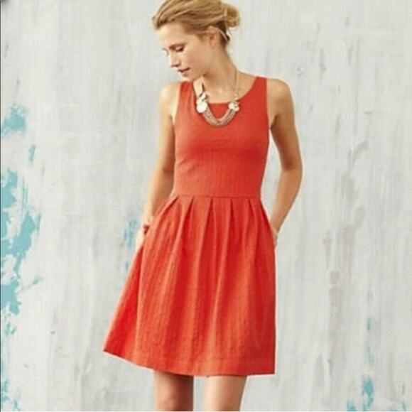 Anthropologie Deletta's Torchon Orange Embossed Fit And Flare Dress Size XS - Picture 1 of 7